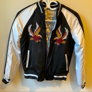 TNA Black and White Embroidered Eagle Bomber Jacket